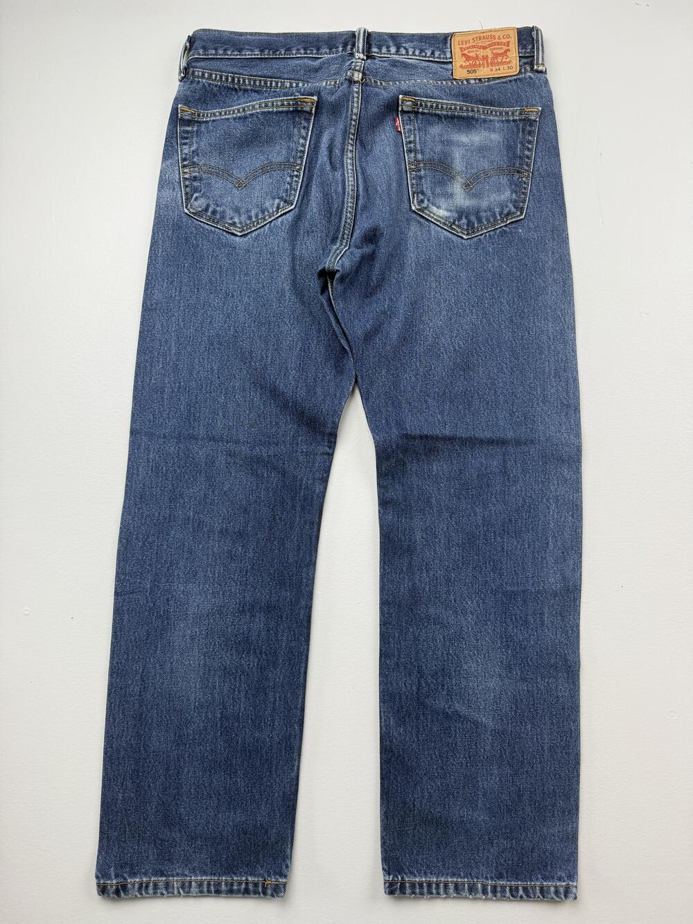 Levis 505 Jeans Mens 34x30 Blue Med Wash Denim Regular Straight Leg Distressed
